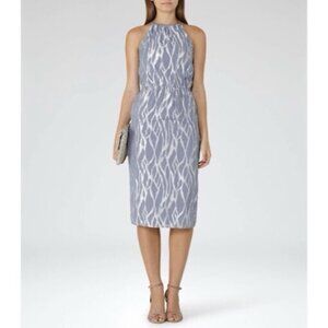 Reiss Cass Grey Blue with Silver Metallic Burnout High Neck Midi  Dress Size 2